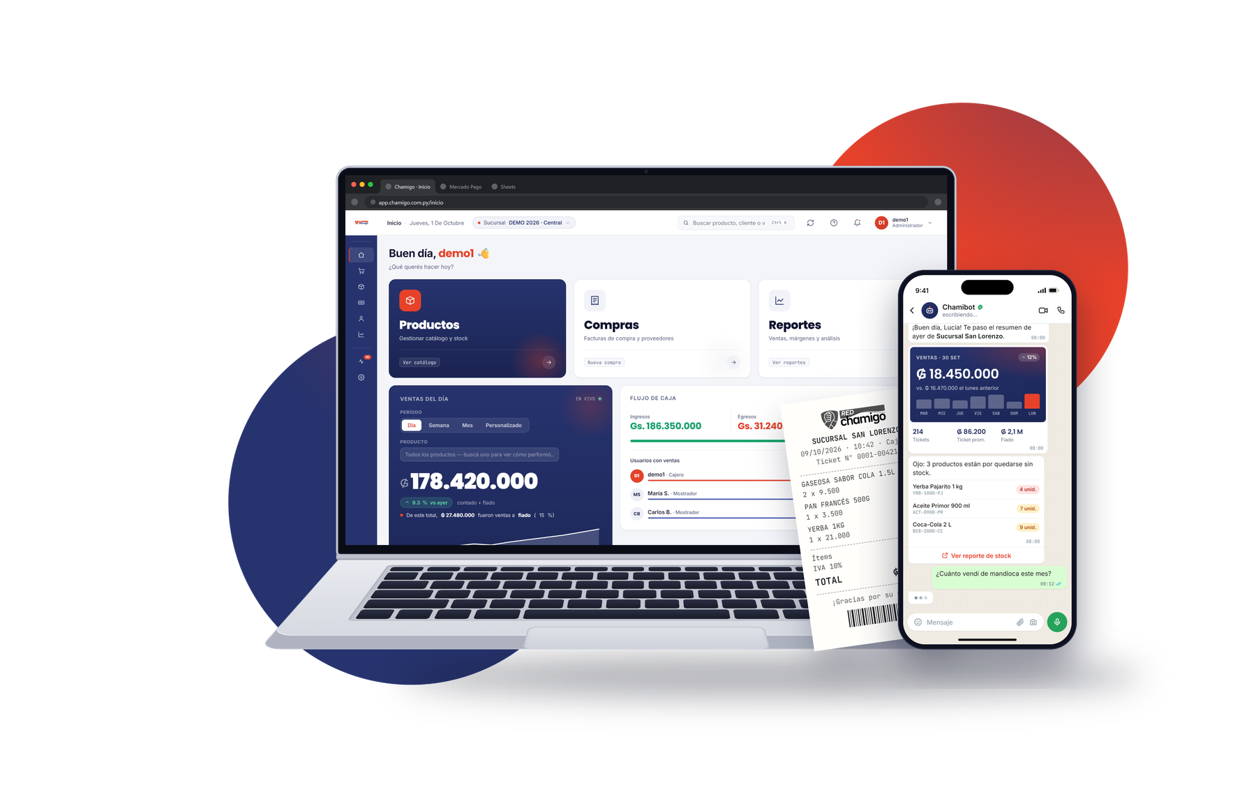 Ecosistema Chamigo: sistema en notebook, Chamibot en el celular y ticket